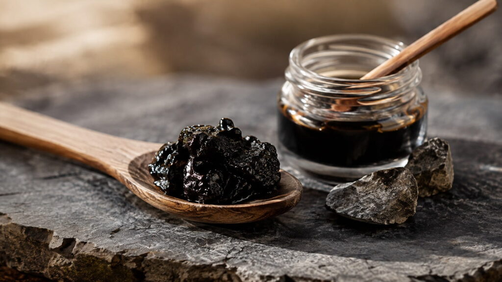 Pure shilajit resin on a wooden spoon next to a glass jar and raw mountain rocks