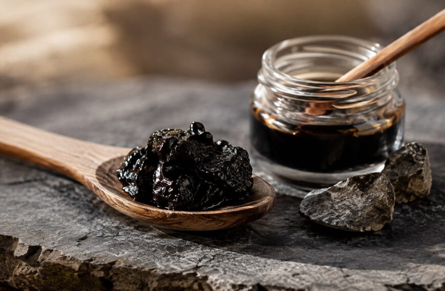 Pure shilajit resin on a wooden spoon next to a glass jar and raw mountain rocks