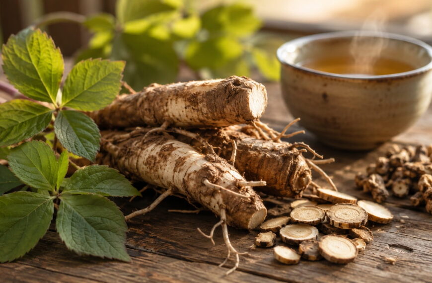 Fresh Siberian ginseng (eleuthero) root with leaves, dried root slices, and a cup of herbal tea on a wooden table