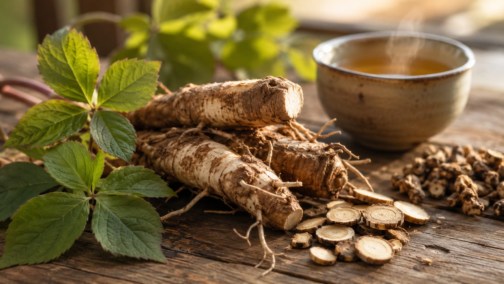 Fresh Siberian ginseng (eleuthero) root with leaves, dried root slices, and a cup of herbal tea on a wooden table