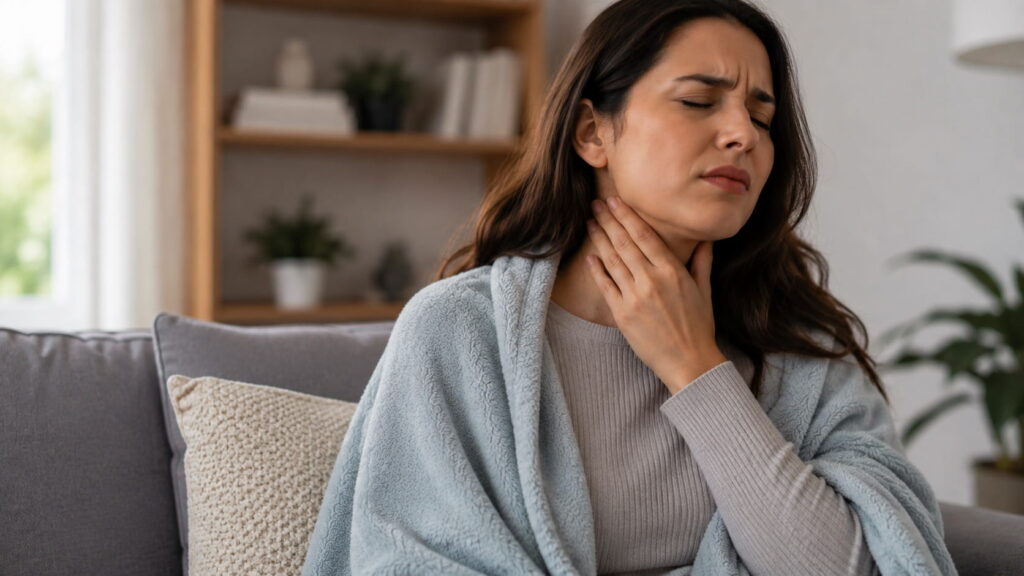 Young woman holding her sore throat while resting at home with a blanket, illustrating natural sore throat remedies and home treatment for throat pain.