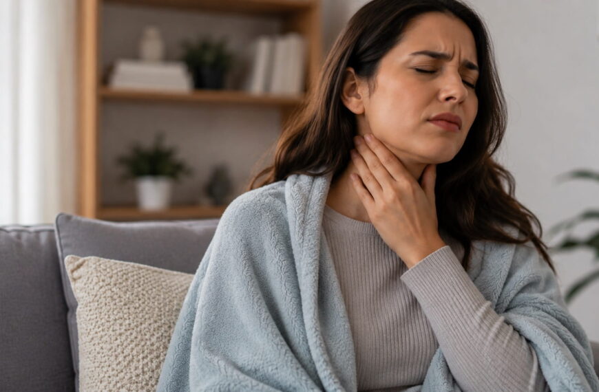 Young woman holding her sore throat while resting at home with a blanket, illustrating natural sore throat remedies and home treatment for throat pain.
