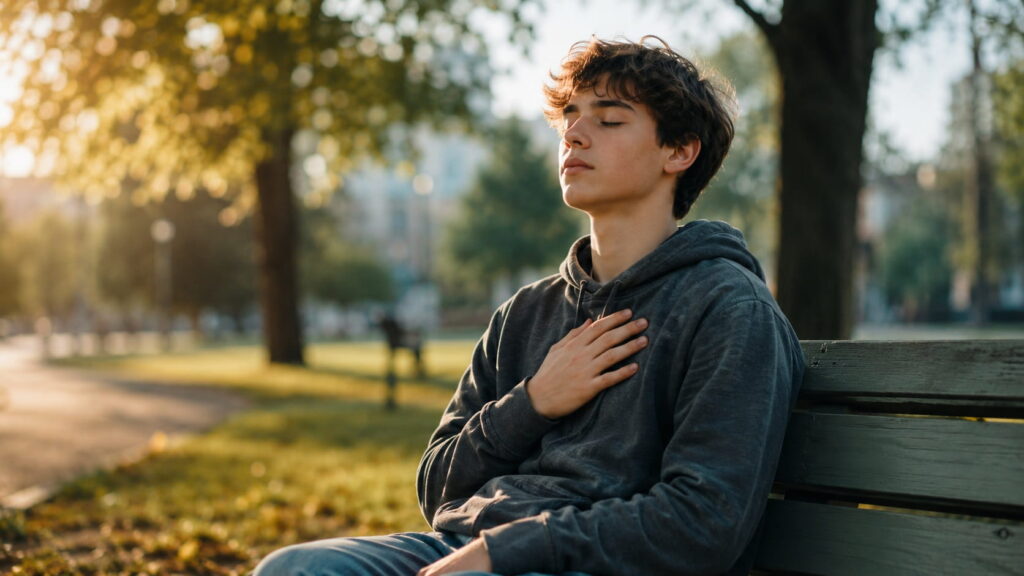 Teenage boy sitting on a park bench with eyes closed and hand on chest, practicing calming breathing techniques for anxiety