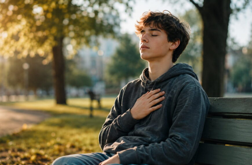 Teenage boy sitting on a park bench with eyes closed and hand on chest, practicing calming breathing techniques for anxiety