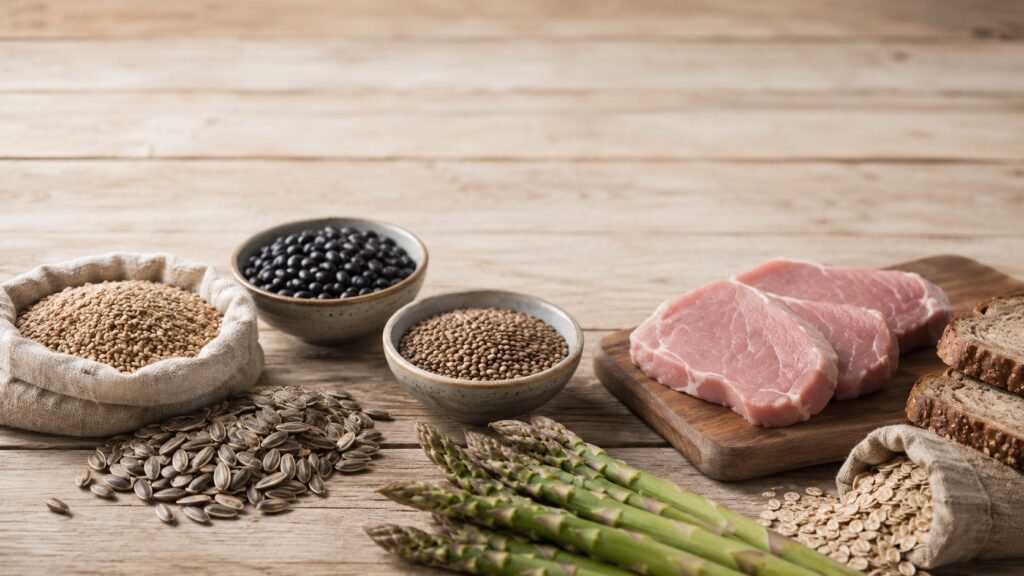 Whole foods rich in vitamin B1, including brown rice, sunflower seeds, lentils, pork, and whole grains, arranged on a wooden table